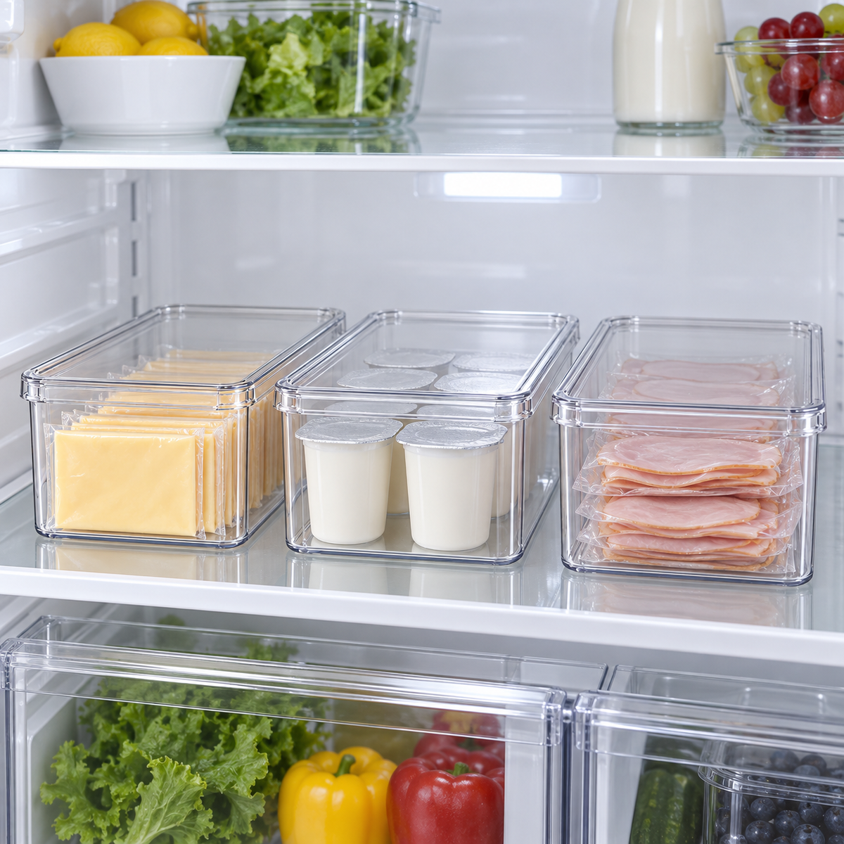Three clear refrigerator boxes organizing packaged foods on a shelf