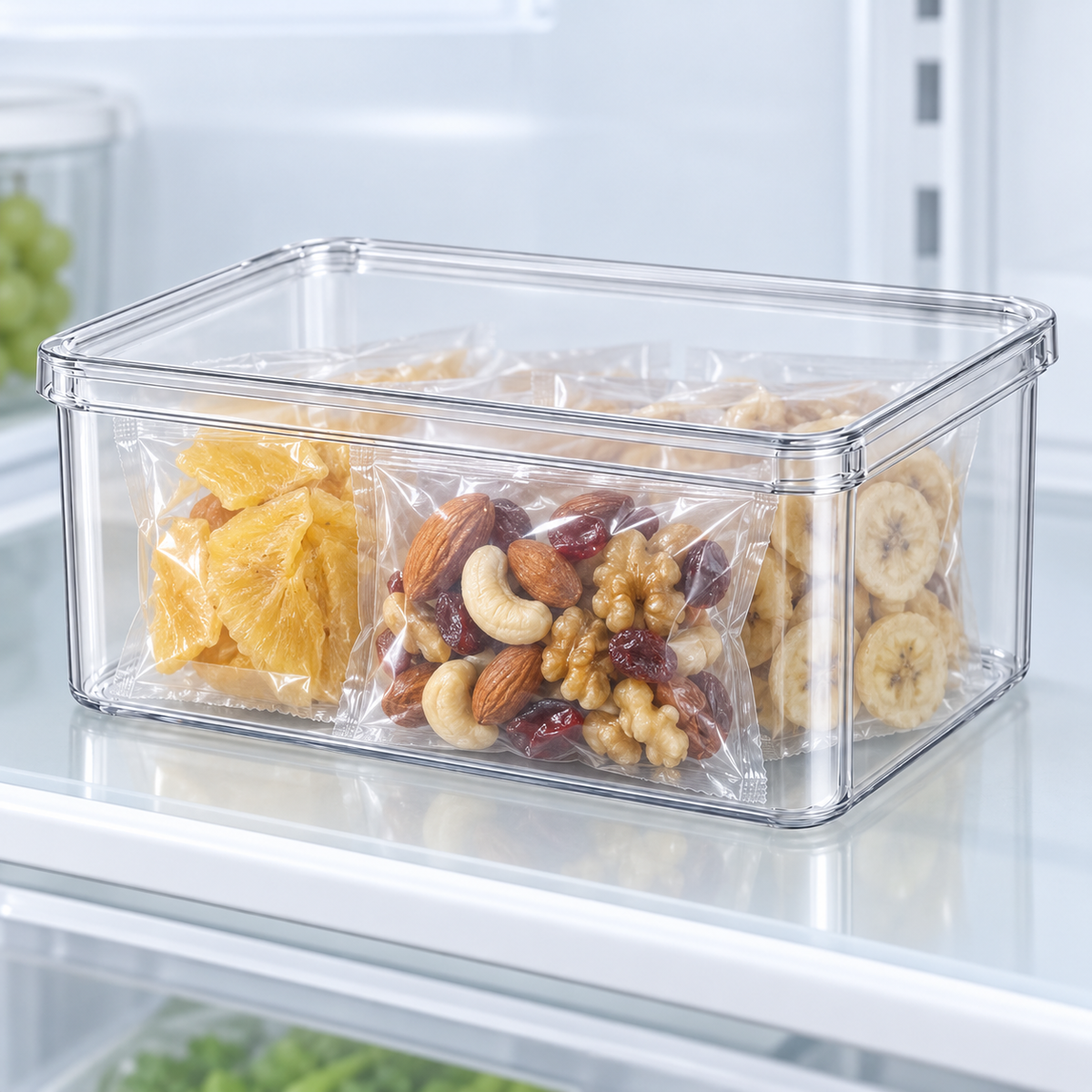 Transparent PET fridge organizer showing sealed contents at a glance