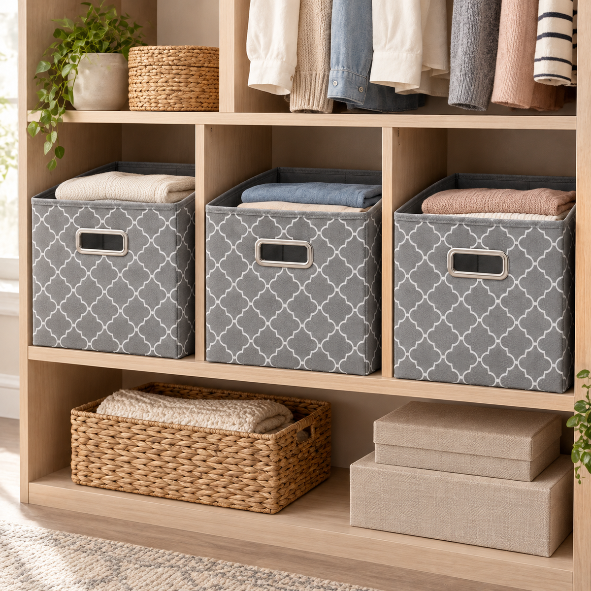 Gray fabric cubes organizing folded clothes on a closet shelf