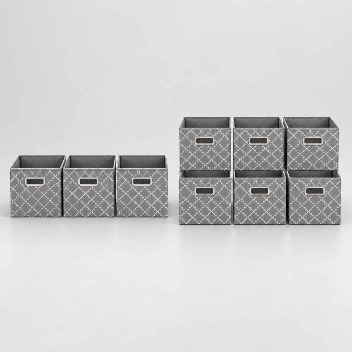 Three-pack and six-pack of matching gray foldable closet cubes
