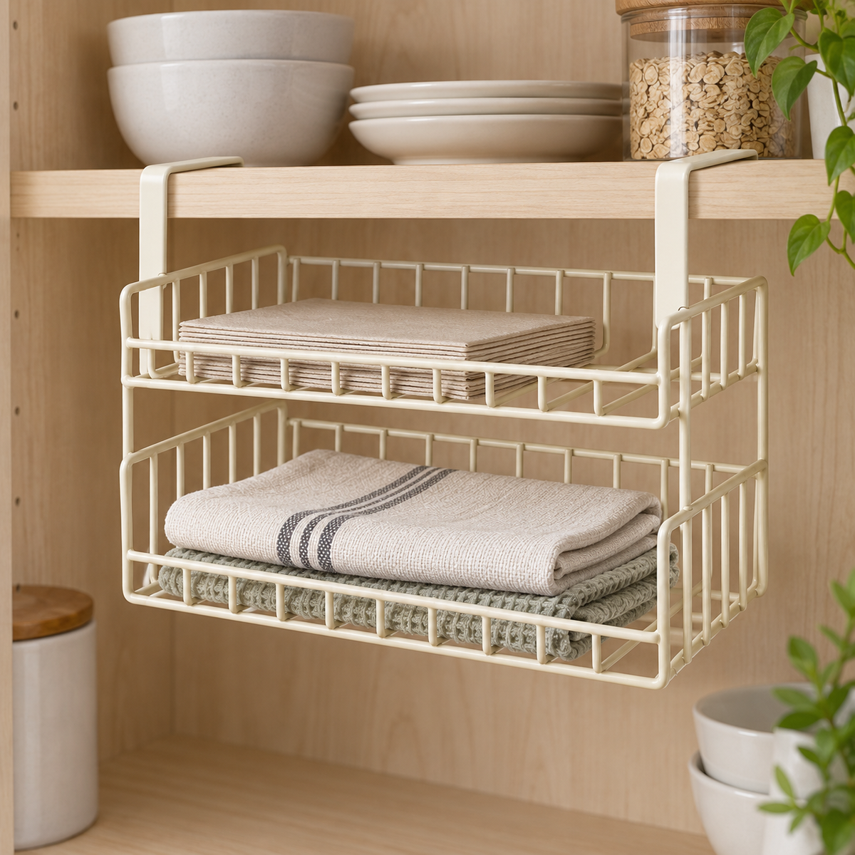Cream under-shelf basket holding lightweight paper goods in a cabinet