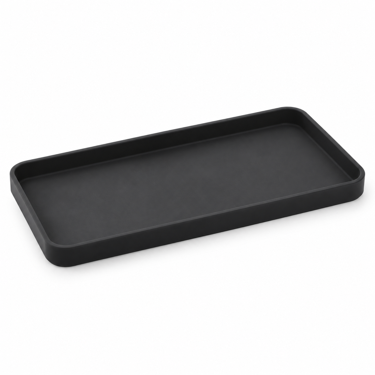 Black rectangular silicone sink organizer tray on a light background