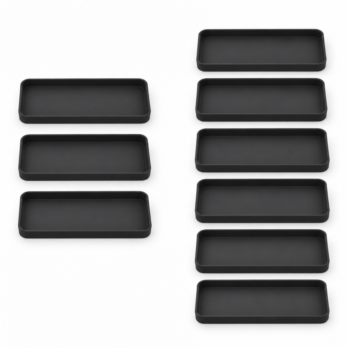 Three-pack and six-pack quantities of identical black sink trays