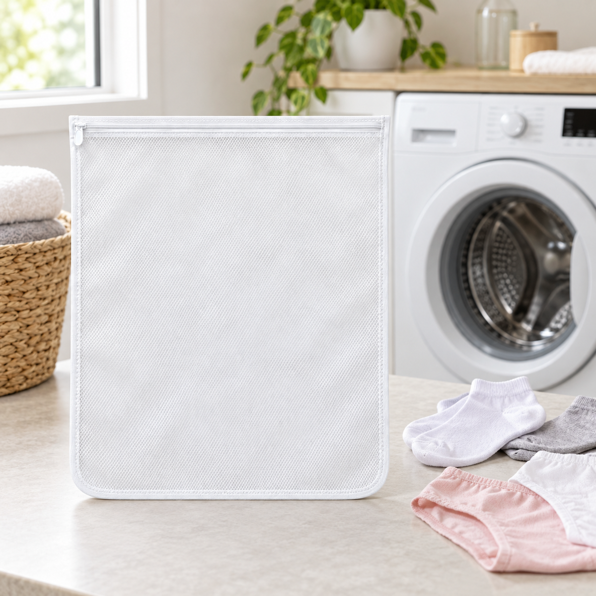 Fine-mesh wash bag beside a washing machine and small garments