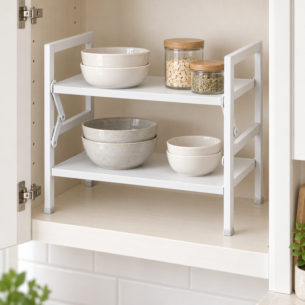 White two-tier organizer adding a shelf level inside a cabinet