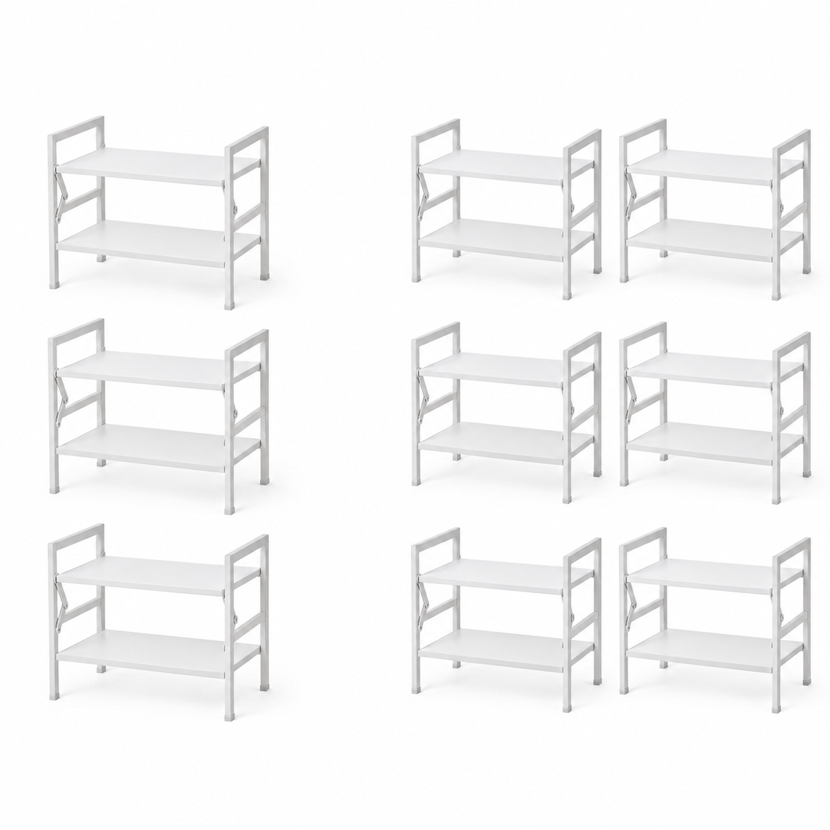 Three-pack and six-pack of identical white cabinet shelf organizers