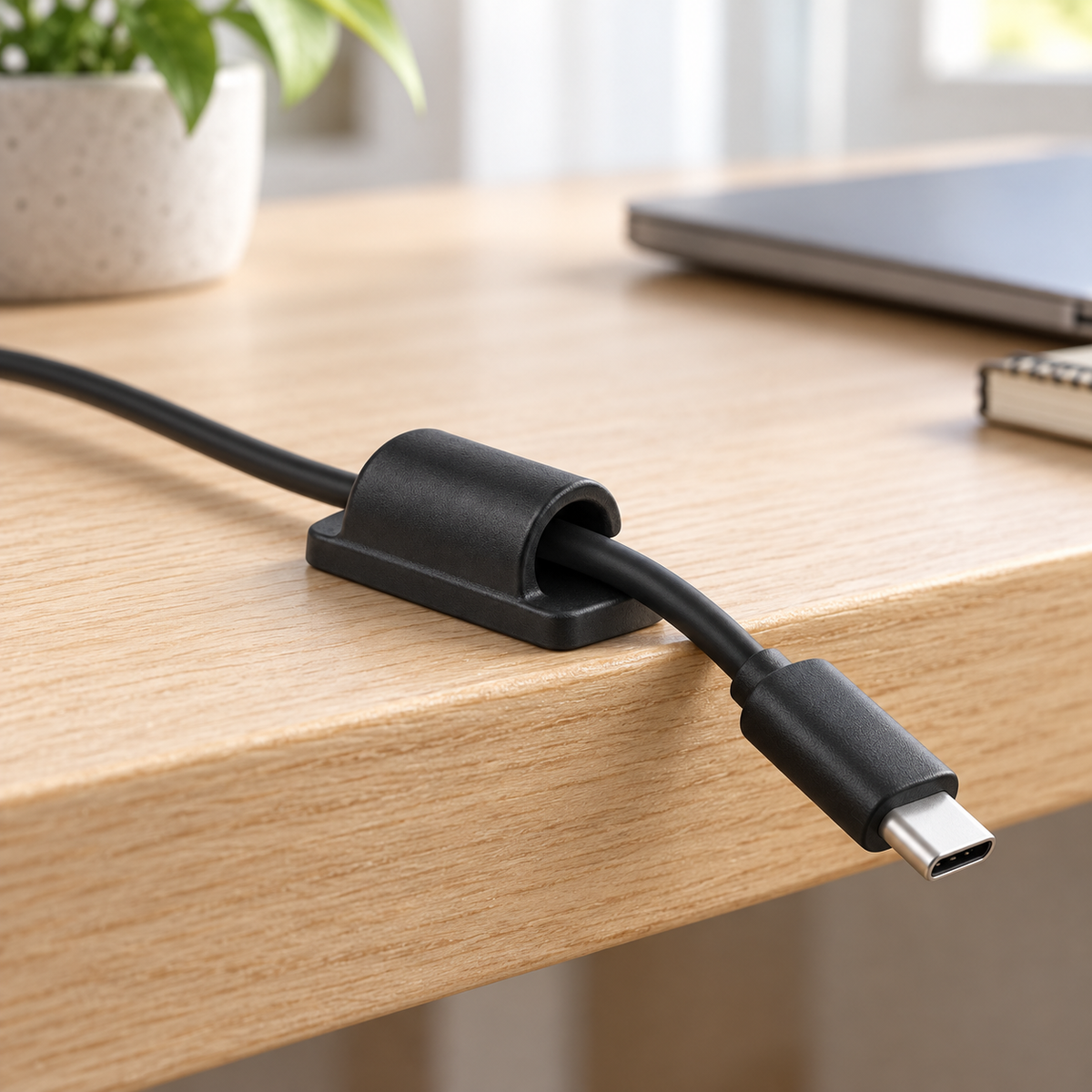 Black cable clip guiding a charging cord along a desk