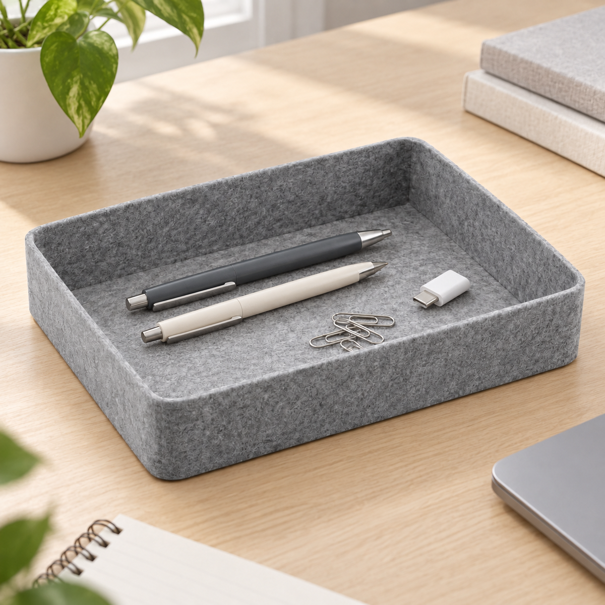 Gray felt tray organizing small accessories on a desk