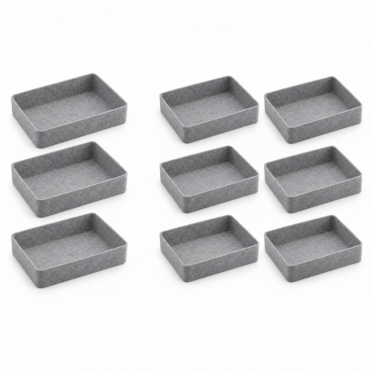 Three-pack and six-pack of identical gray felt storage trays