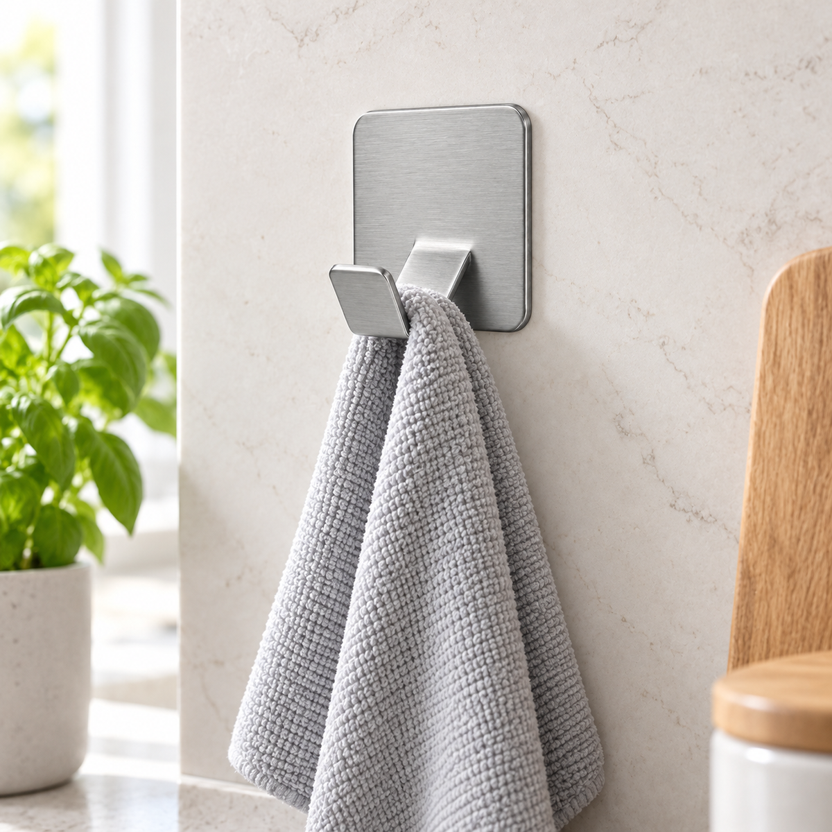 Brushed stainless adhesive hook organizing a kitchen cleaning cloth