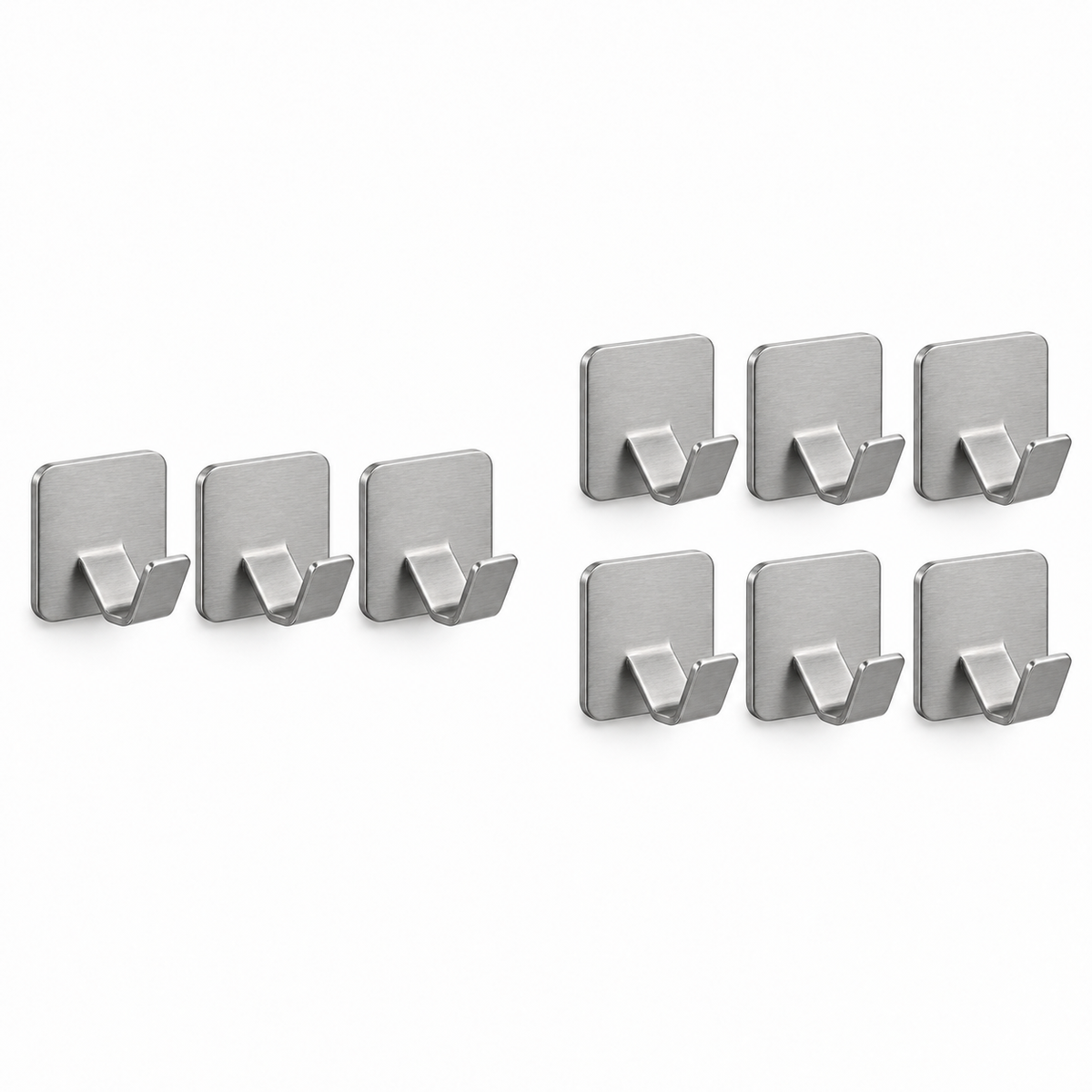 Three-pack and six-pack of brushed stainless self-adhesive hooks