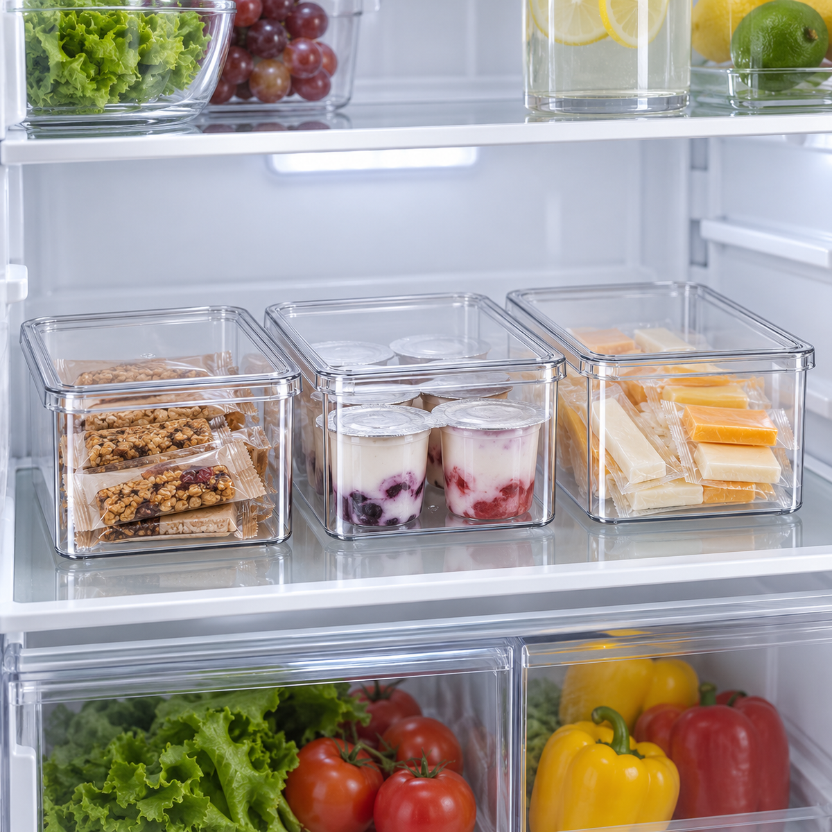 Three clear refrigerator boxes holding sealed packaged foods below the rim