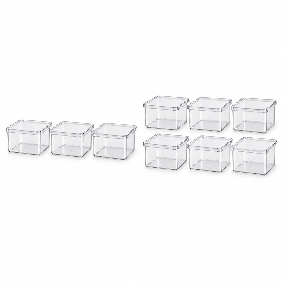 Three-pack and six-pack of clear refrigerator organizer boxes with lids