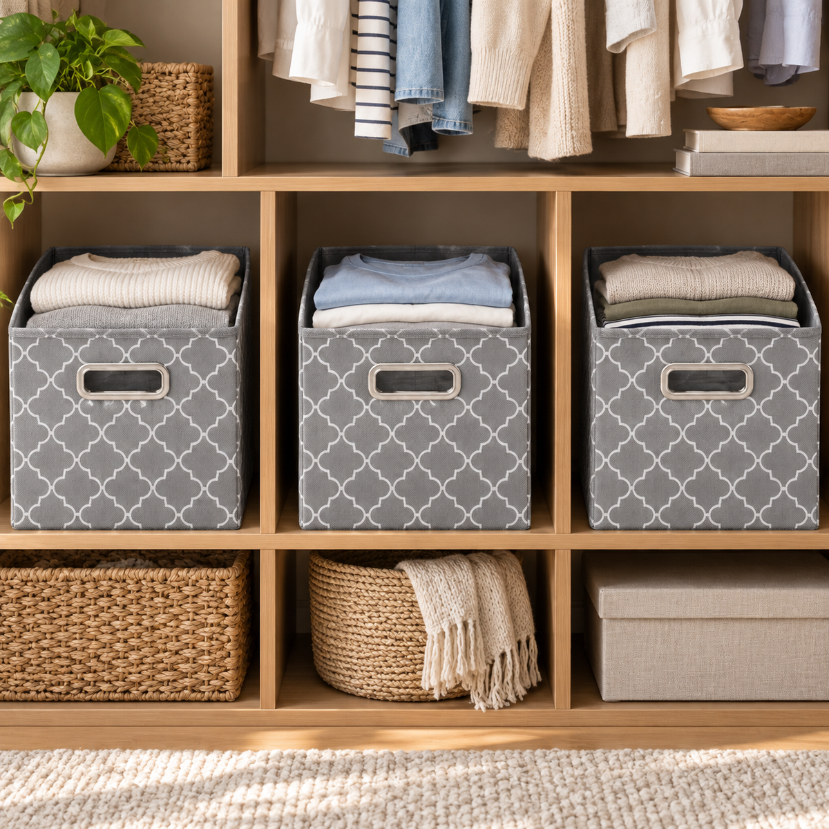 Foldable gray storage cubes arranged in a measured cubby organizer