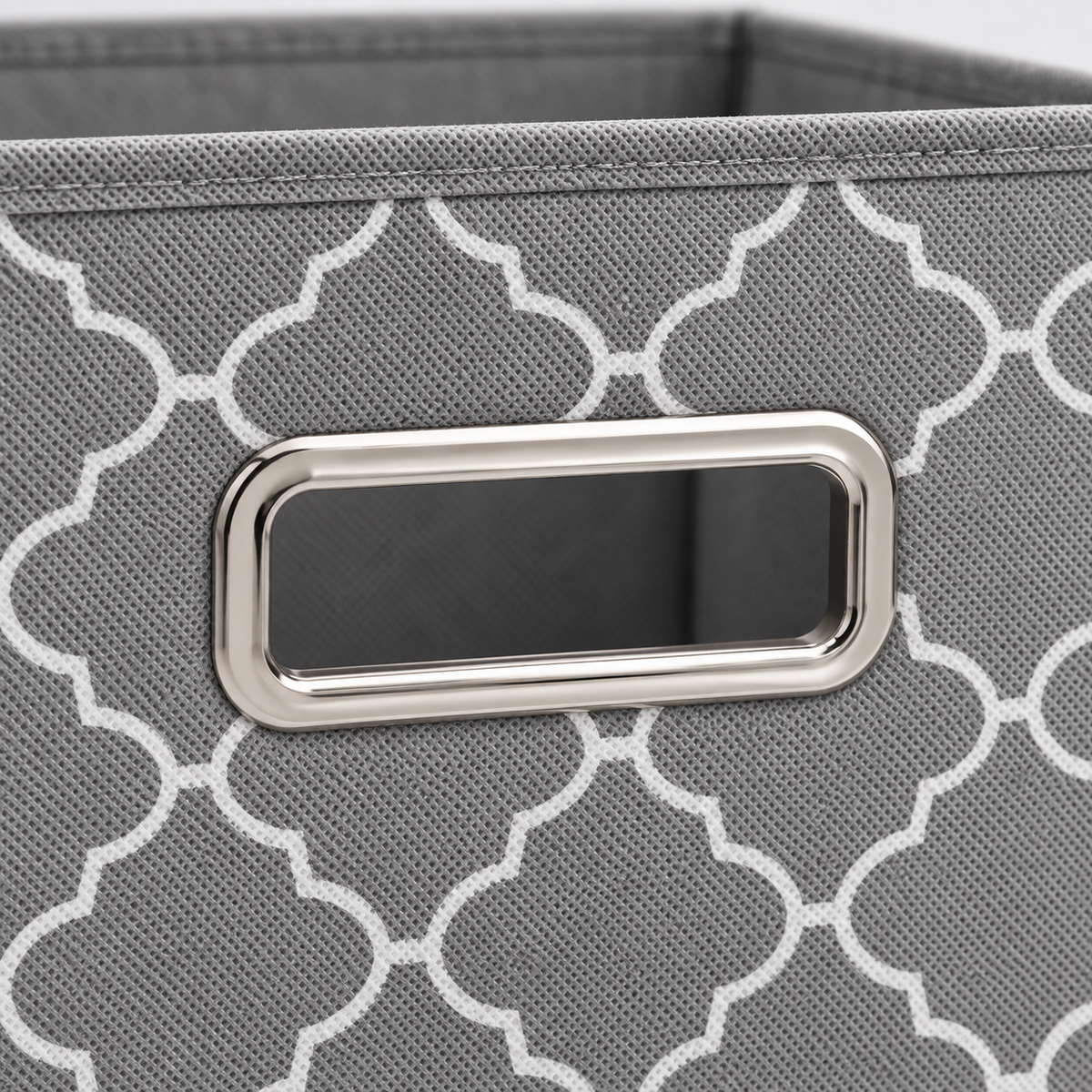 Metal front handle and non-woven gray pattern on a fabric storage cube