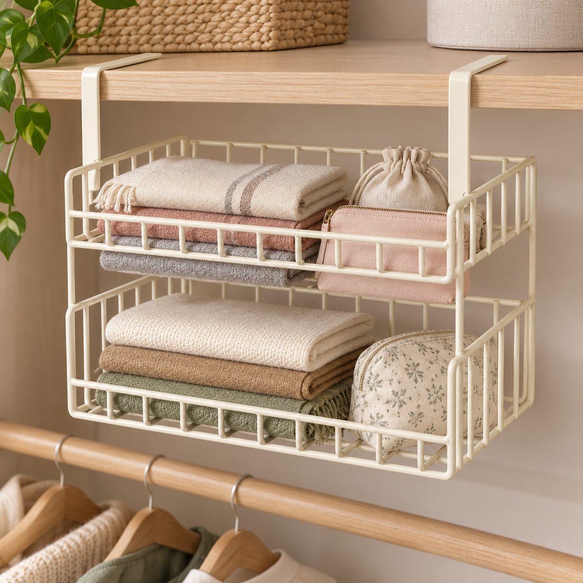 Carbon steel under-shelf basket organizing dry closet accessories