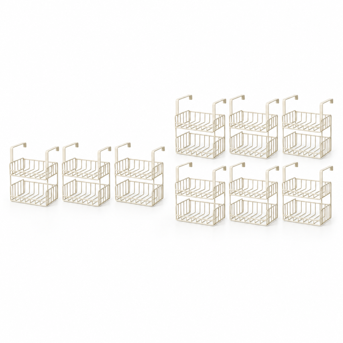 Three-pack and six-pack of matching cream under-shelf baskets