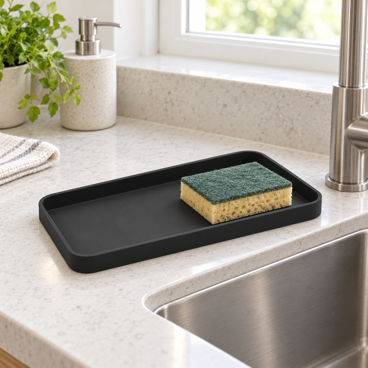 Black silicone organizer tray holding a sponge beside a kitchen sink