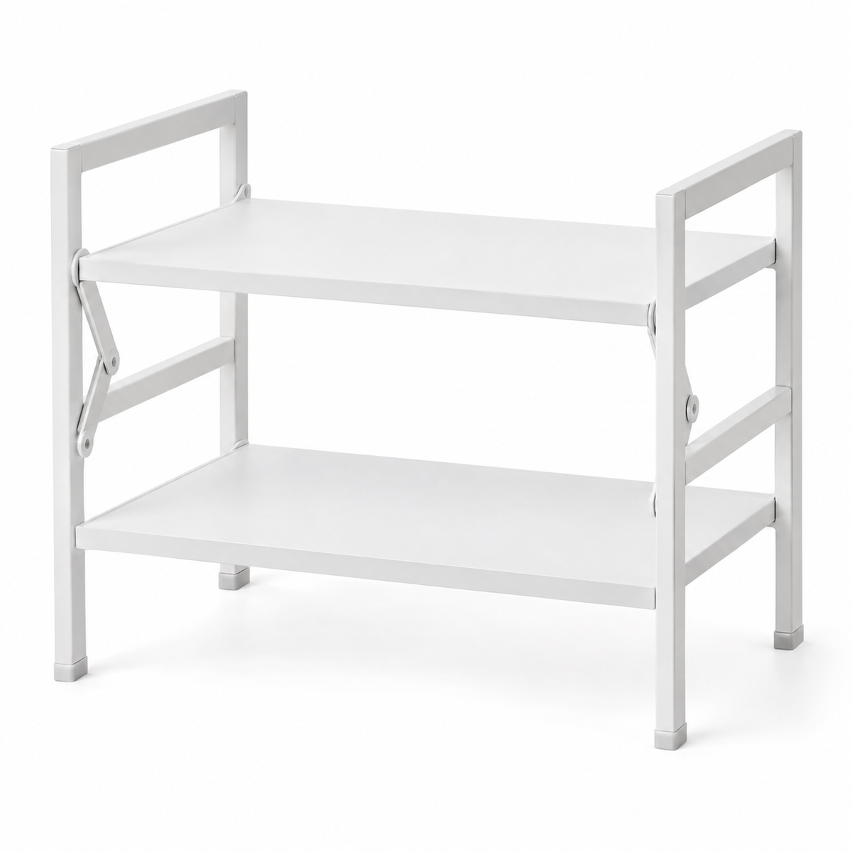 White two-tier folding cabinet shelf organizer on a light background
