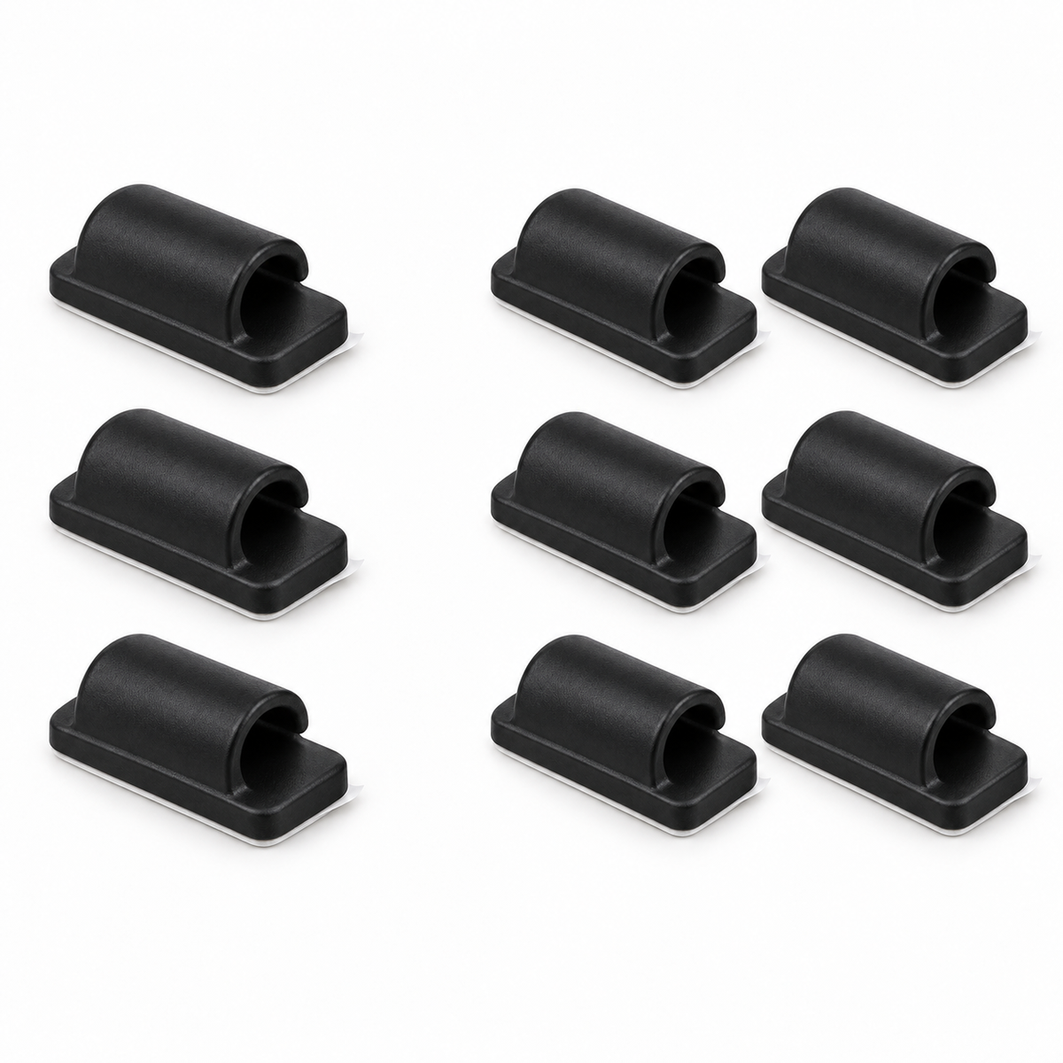 Three-pack and six-pack of identical black cable clips