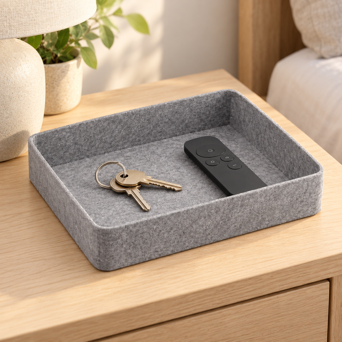 Felt catchall tray holding small items on a nightstand